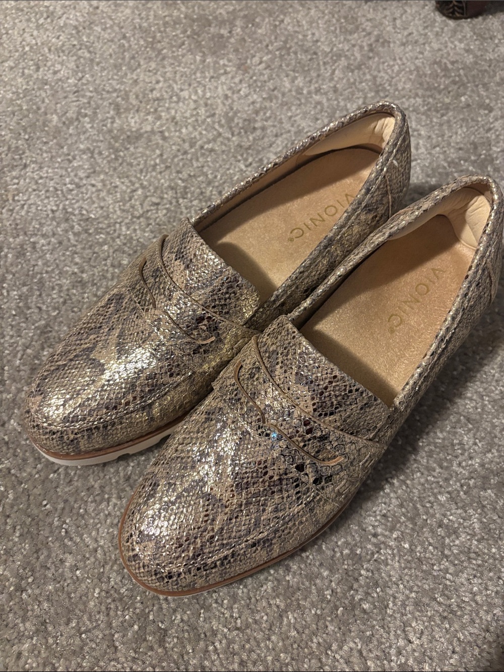 Vionic Metallic Snake-Print Penny Loafers in Taupe and Bronze